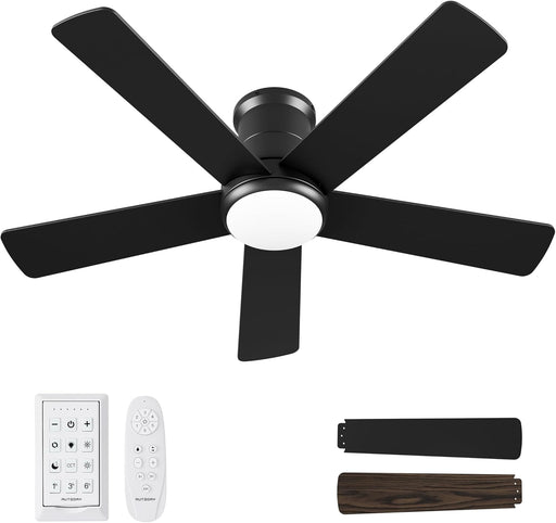42 Inch Low Profile Ceiling Fan with Light, Black Ceiling Fans with Lights and Remote, Flush Mount, 6 Speeds Reversible Quiet DC, 3CCT Dimmable, Indoor Outdoor Ceiling Fans for Patios Bedroom