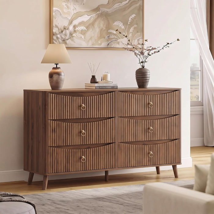 55.1" Wide Walnut Dresser for Bedroom, Fluted 6 Drawer Dresser