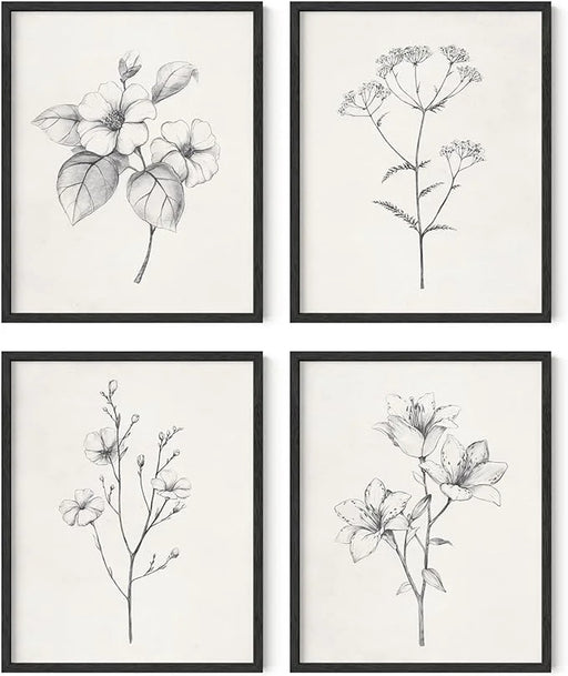 Grey Floral Wall Art - Set of 4 Plant Posters for Wall Vintage, Botanical Prints, Black and White Flower Pictures for Room Aesthetic, Farmhouse Bathroom, Rustic Art (16X20, Unframed)