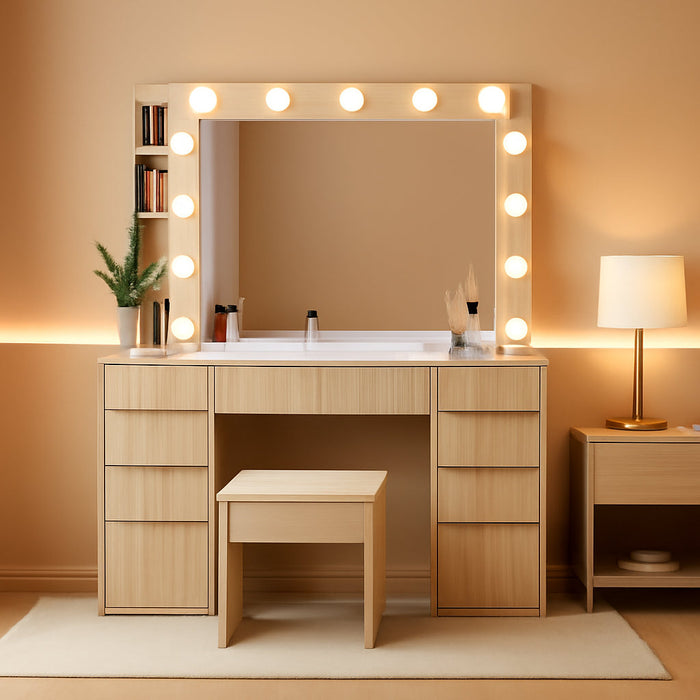 Vanity Desk with Glass Top and 11 LED Bulbs,Makeup Table with Large Mirror & Power Outlet,Hair Dryer Holder,Dressing Table with 11 Drawers & Cushioned Stool for Women and Girls,Bedroom (Natural Oak)