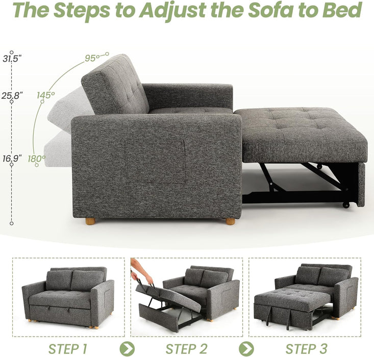 Sleeper Sofa Bed, 3-In-1 Convertible Sofa Chair, Linen Fabric Pull Out Couch Bed, Loveseat Sleeper with Spring Support, Adjustable Backrest, 2 Seater Recliner Chair for Small Space, Dark Grey