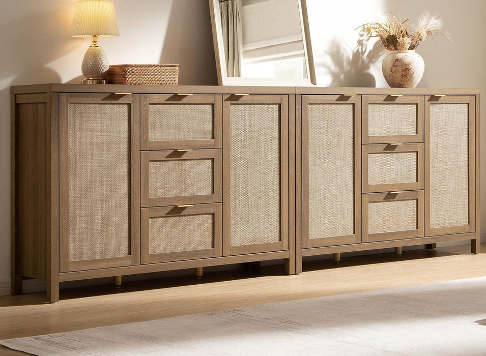 Rattan Large Sideboard Buffet Cabinet with Storage - Farmhouse Boho Coffee Bar Storage Cabinet with 3 Drawers and 2 Doors, Tall Credenza for Living Room, Kitchen, Caramel Oak (2 Pieces)