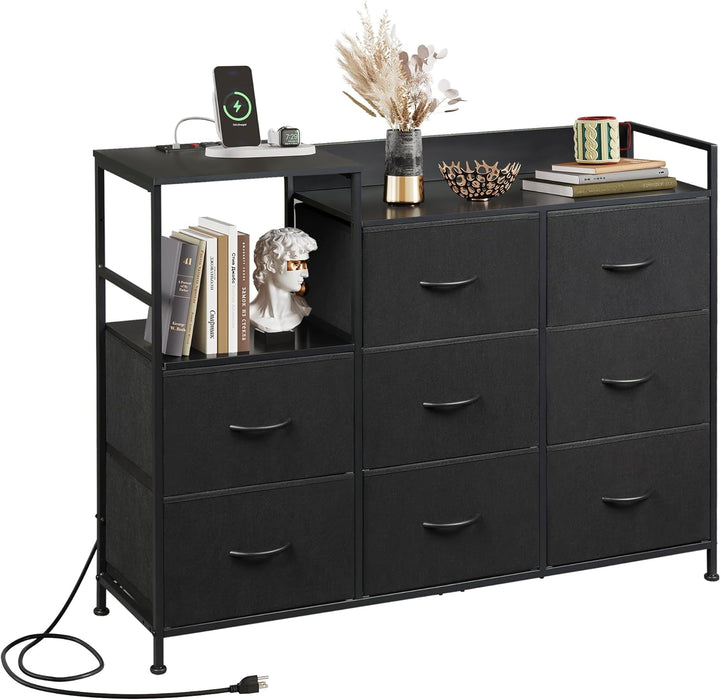 Black Dresser TV Stand for Bedroom with Charging Station and Open Shelves, Fabric Dresser with 8 Drawers and Wood Top, Wide Storage Chest of Drawers for Living Room, Hallway