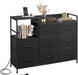 Black Dresser TV Stand for Bedroom with Charging Station and Open Shelves, Fabric Dresser with 8 Drawers and Wood Top, Wide Storage Chest of Drawers for Living Room, Hallway