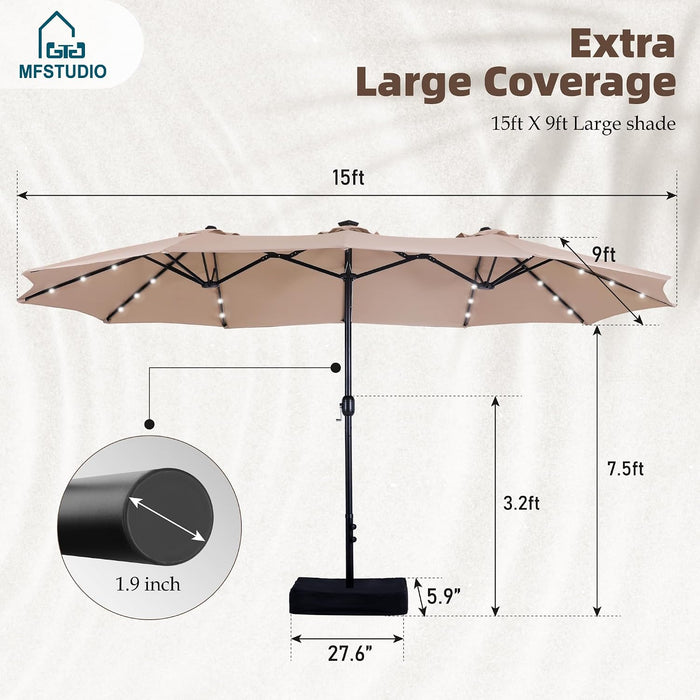 15Ft Patio Umbrella with Solar Lights & Base, Double-Sided, Beige