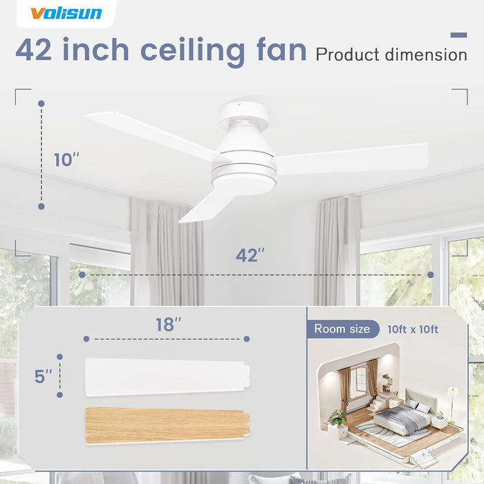Ceiling Fan with Lights, 42 Inch Low Profile Ceiling Fan with Light and Remote, Reversible, 3CCT, Dimmable, Noiseless, White Flush Mount Ceilings Fans for Bedroom, Indoor/Outdoor