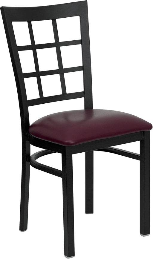 HERCULES Series Black Window Back Metal Restaurant Chair - Burgundy Vinyl Seat