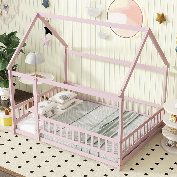 Pink Full Size Montessori Floor Bed SolidWoodFrame