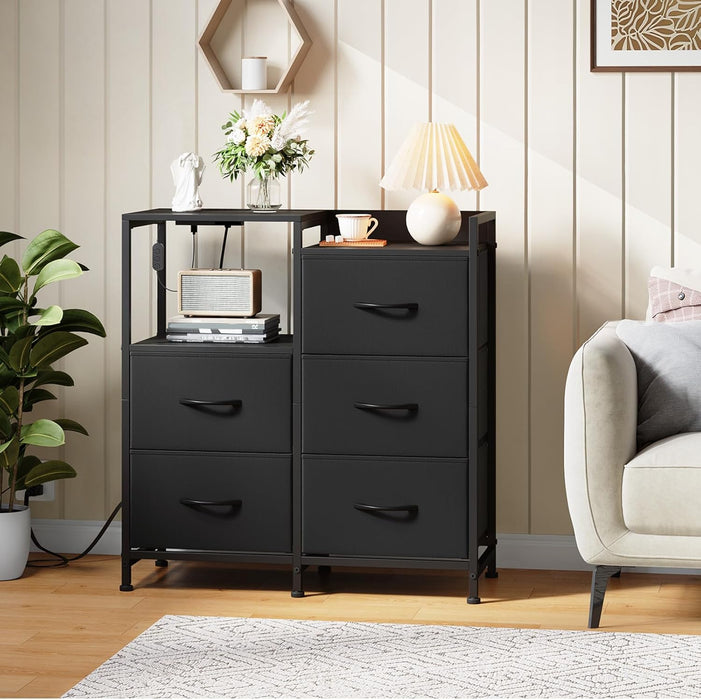 Black Nightstand with Charging Station and LED Light, Wide 5 Drawers Dresser for Bedroom with Fabric Bins and Open Shelf for Bedroom Kids Closet Dorm Guest Room, Black