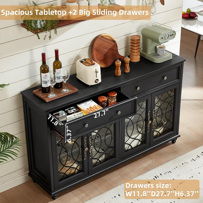 Farmhouse Sideboard Buffet Cabinet with Storage,59" Large Credenza with 4 Glass Doors & 2 Drawers,Adjustable Shelves Console Table,Wood Kitchen Coffee Bar for Dining Room,Living Room,Black