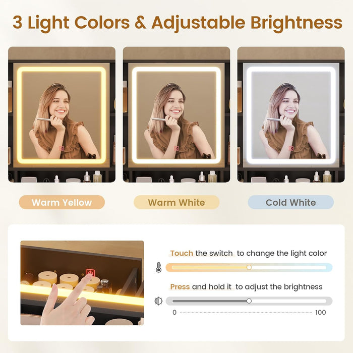 Makeup Vanity with Upholstered Stool & Charging Station, Vanity Desk with Mirror and Lights & Jewelry Storage, Vanity Table Set with RGB Lights & 5 Drawers & Shelves, Black & Gold