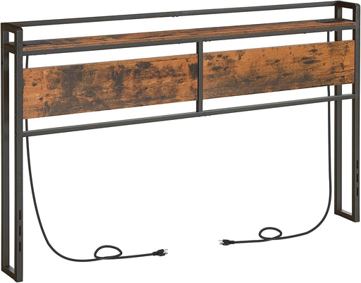 King Size Headboard, Headboard with 2 Outlets and 4 USB Ports, Adjustable Height, Storage Rack, Sturdy and Stable, Easy Assembly, Rustic Brown and Black