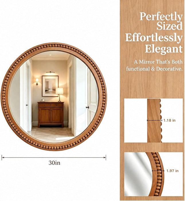 30 Inch round Wall Mirror with Beaded Solid Wood Frame, Decorative Wall Mirror with Tempered Glass, Farmhouse Home Decor for Bathroom, Living Room, Entryway, Yellowish Brown