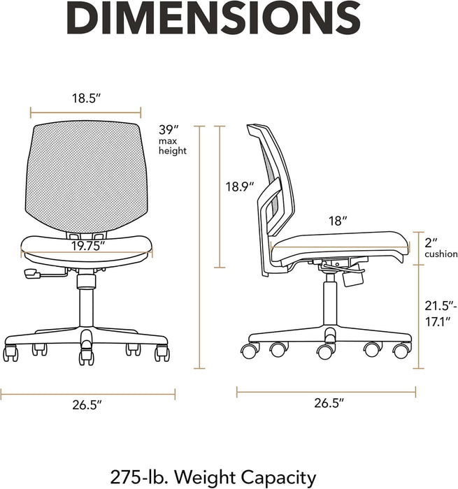 Volt Ergonomic Office Chair, Armless, Office Desk Computer Chair, Black