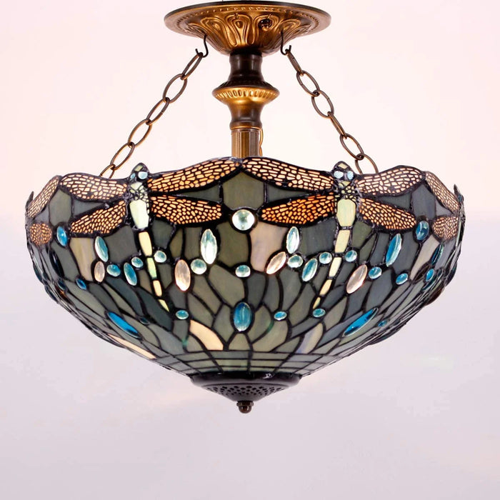 Tiffany Ceiling Light Fixture Semi Flush Mount 16" Sea Blue Stained Glass Dragonfly Shade Close to Dome Island Boho Hanging Lamp Decor Bedroom Kitchen Dining Living Room Entry Foyer Hallway