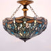 Tiffany Ceiling Light Fixture Semi Flush Mount 16" Sea Blue Stained Glass Dragonfly Shade Close to Dome Island Boho Hanging Lamp Decor Bedroom Kitchen Dining Living Room Entry Foyer Hallway