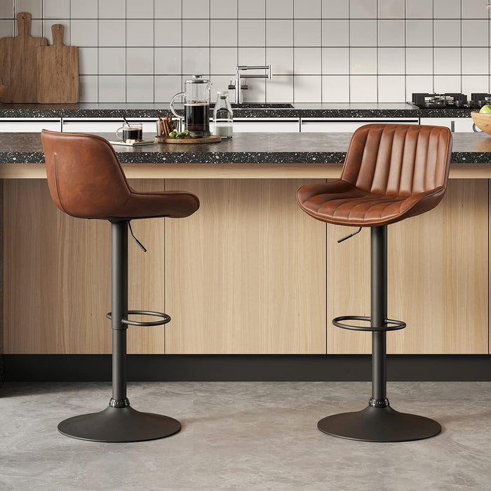 Bar Stools Set of 2, Mid Century Modern Faux Leather Swivel Barstools Adjustable Height, Counter Height Pub Bar Chair with Back, Black Powder Coated Base, Cognac