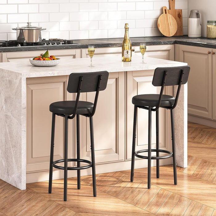 Bar Stools, Set of 2 Bar Stools with PU Upholstered, Bar Chairs with Footrest and Back, 26" Bar Stools for Kitchen Island, Dining Room, Easy to Assemble, Black BK31BY01G1