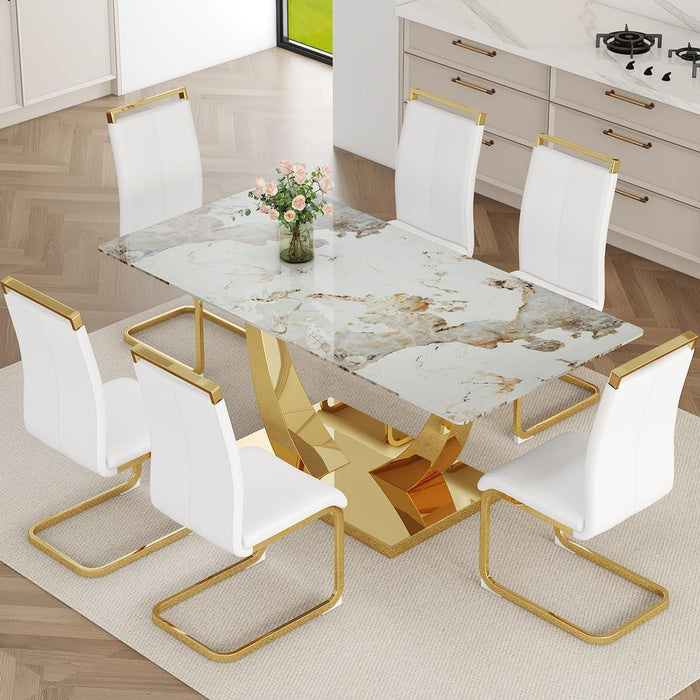 71' Faux Marble Dining Table - Dining Room Table for 6-8, Gold Kitchen Table with 0.4 Thickened Marble Pattern Tempered Glass Top and Golden Rectangular Base