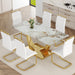 71' Faux Marble Dining Table - Dining Room Table for 6-8, Gold Kitchen Table with 0.4 Thickened Marble Pattern Tempered Glass Top and Golden Rectangular Base