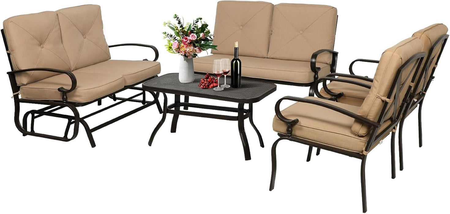 5-Piece Outdoor Metal Furniture Sets Patio Conversation Set Wrought Iron Glider, 2 Single Chairs, Loveseat and Coffee Table, Brown