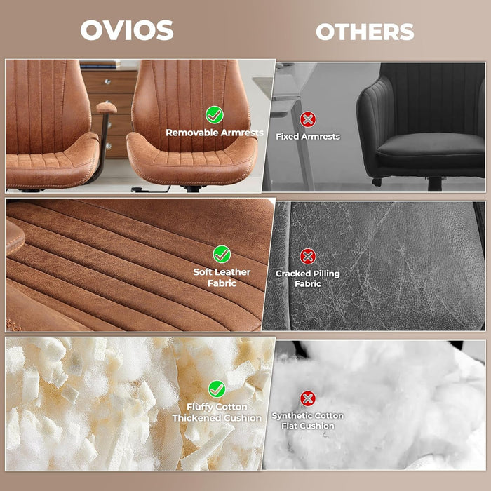 Ergonomic Home Office Chair, Mid-Century Modern Leather Chair with Lumbar Support, High Back Swivel Rolling Executive Chair, Comfy Task Computer Desk Chair (Brown, Suede Leather)