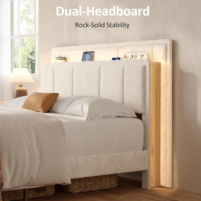 Queen Storage Bed Frame, Upholstered Platform Bed with 2 Drawers, Velvet Vertical Tufted Headboard with LED Lights & Charging Station, Wooden Slats Support, No Box Spring Needed, White