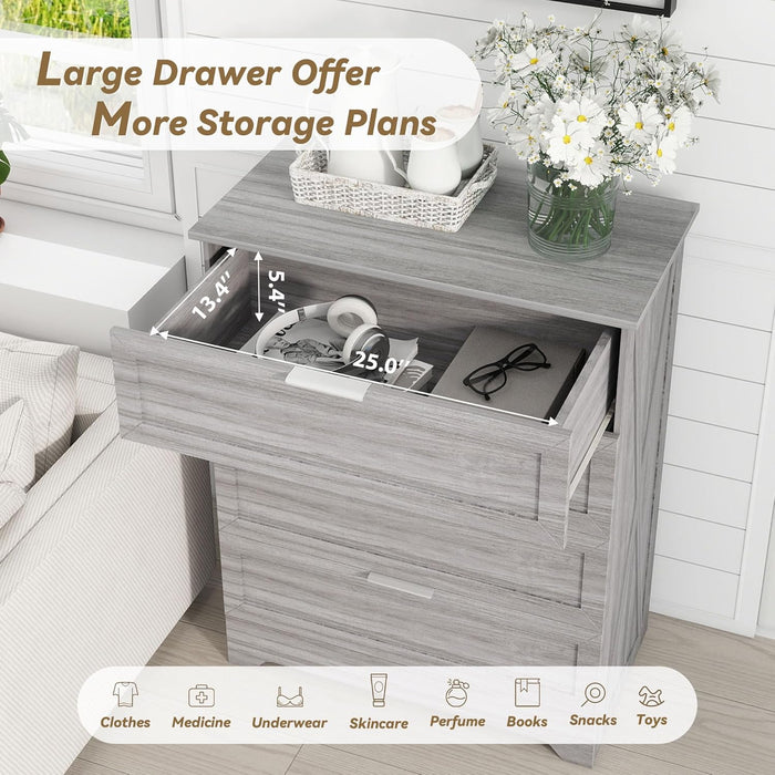 Farmhouse 4 Drawer Dresser for Bedroom, Tall Bedroom Dresser with Large Drawer & Silver Handles, Wooden Storage Organizer Cabinet Chest of Drawer for Closet, Living Room, Hallway, Wash Grey