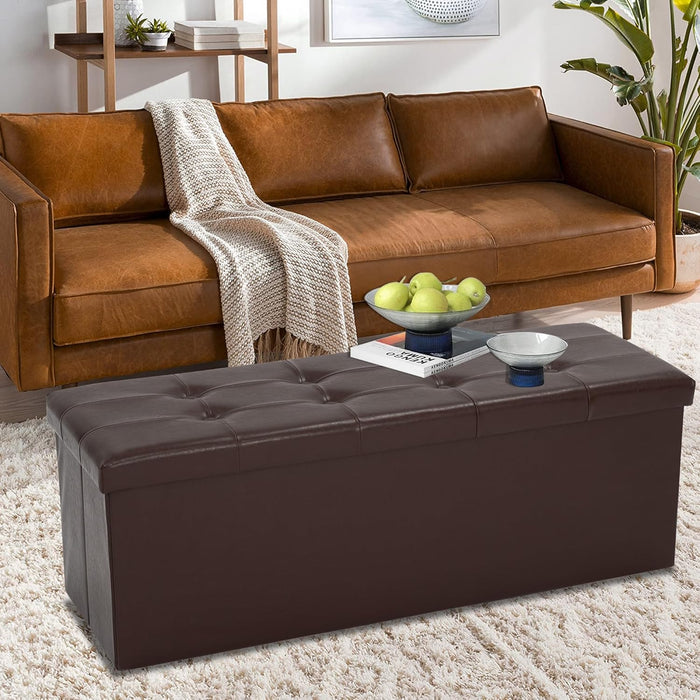 43 Inches Folding Storage Ottoman Bench, PU Leather Storage Chest, Footrest Padded Seat for Bedroom and Hallway, Holds up to 660 Lbs, Brown