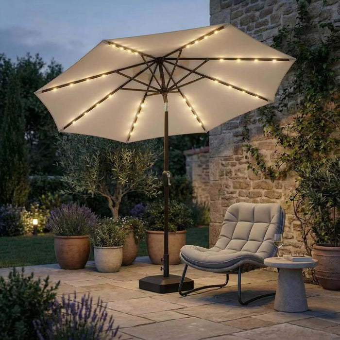 9FT Outdoor Patio Umbrella with Solar Lights, Market Table Umbrella with Push Button Tilt & Crank, 8 Sturdy Ribs, 32 LED Lights, UV Protection for Garden Lawn Deck Backyard Pool (Beige)