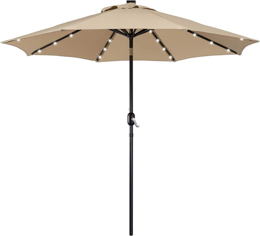 9FT Solar Powered Patio Umbrella - UV Protection Market Table Umbrella W/ 32 LED Lights & Push Button Tilt & Crank Lift System for Garden/Lawn/Deck/Backyard/Pool,Tan