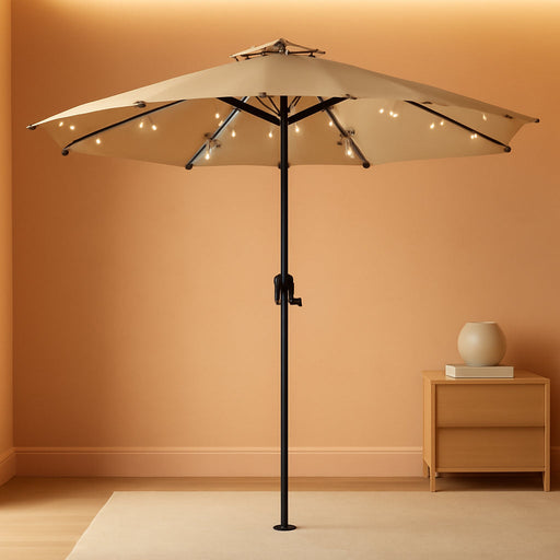 9FT Solar Powered Patio Umbrella - UV Protection Market Table Umbrella W/ 32 LED Lights & Push Button Tilt & Crank Lift System for Garden/Lawn/Deck/Backyard/Pool,Tan