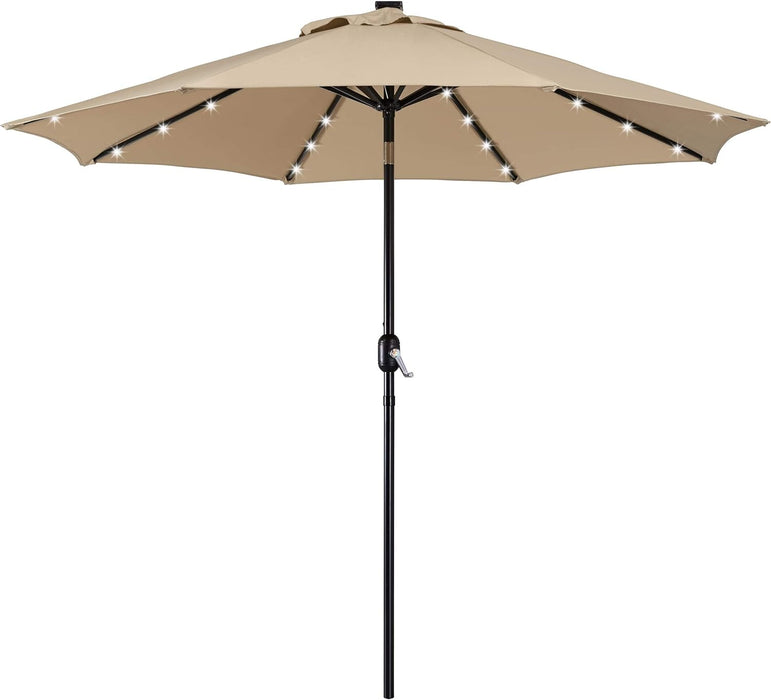 9FT Solar Powered Patio Umbrella - UV Protection Market Table Umbrella W/ 32 LED Lights & Push Button Tilt & Crank Lift System for Garden/Lawn/Deck/Backyard/Pool,Tan