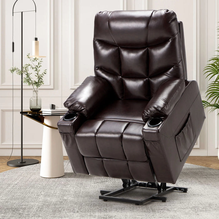 Large Power Lift Recliner for Elderly Heavy Duty Faux Leather Electric Lift Chair with Heated Vibration Massage in Brown