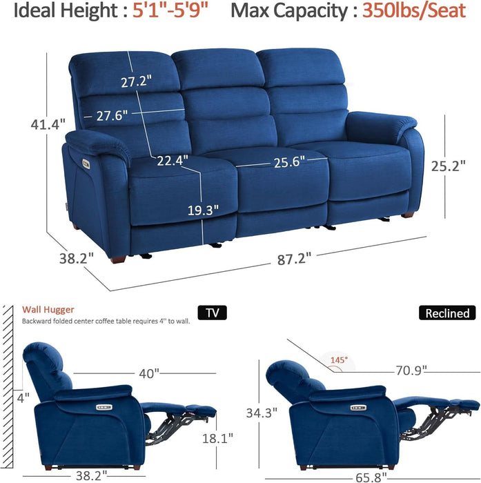 87.2'' Wall Hugger Power Recliner Sofa with Drop down Table, Reclining Sofa with Adjustable Headrest, USB Charge Ports, Reading Lamp, for Living Room, Rvs, Fabric, ST258M3 (3-Seater, Navy Blue) | Zero Wall Hugger