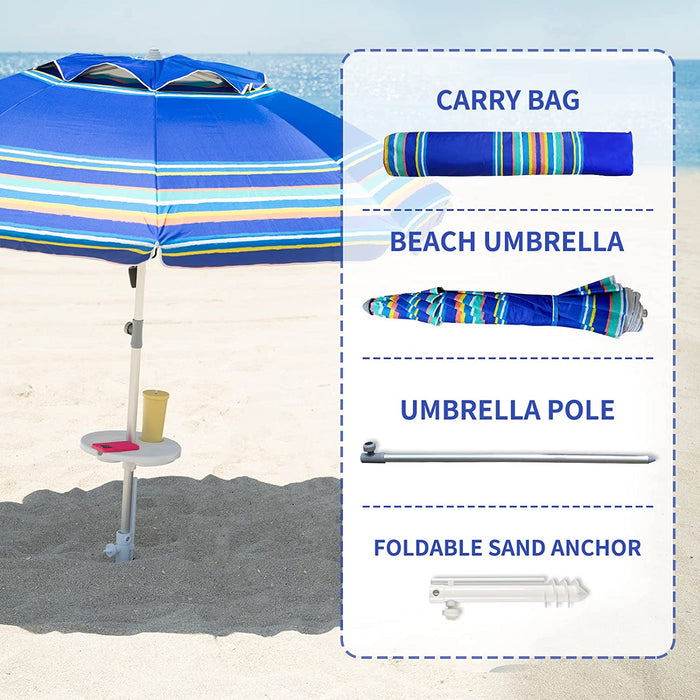 7Ft Heavy Duty High Wind Beach Umbrella Parasols with Sand Anchor & Tilt Sun Shelter, UV 50+ Protection Outdoor Sunshade Umbrellas Carry Bag for Patio Garden Pool Backyard Stripe Blue