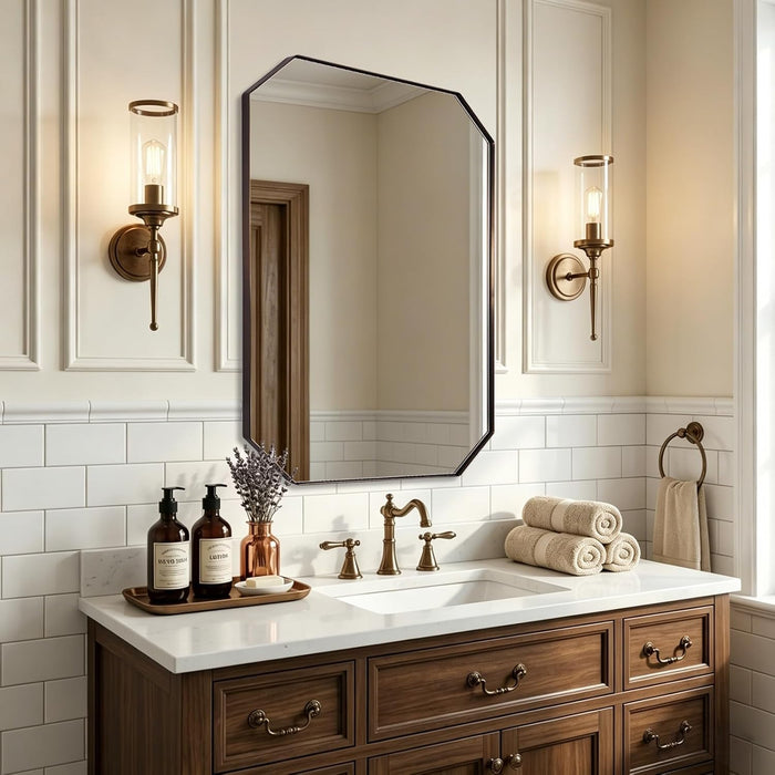 Bronze Octagon Bathroom Mirror, 24X36 Inch Stainless Steel Metal Frame, Anti-Rust, Shatterproof HD Glass, Wall Mounted for Bathroom, Bedroom, Living Room