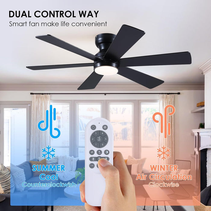 Ceiling Fans with Lights,46" Low Profile Ceiling Fan with Light and Remote Control,Flush Mount, Reversible, Dimmable, Noiseless, Black Ceiling Fan for Bedroom