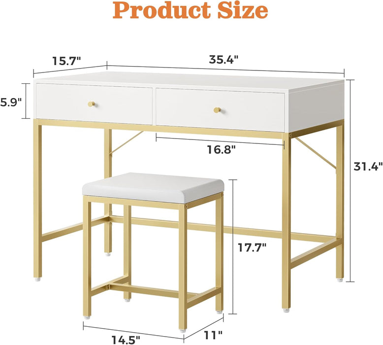 35.4" White and Gold Desk with 2 Drawers, Modern Makeup Vanity with Padded Stool, Small Computer Desk Home Office Desk for Writing Study Bedroom