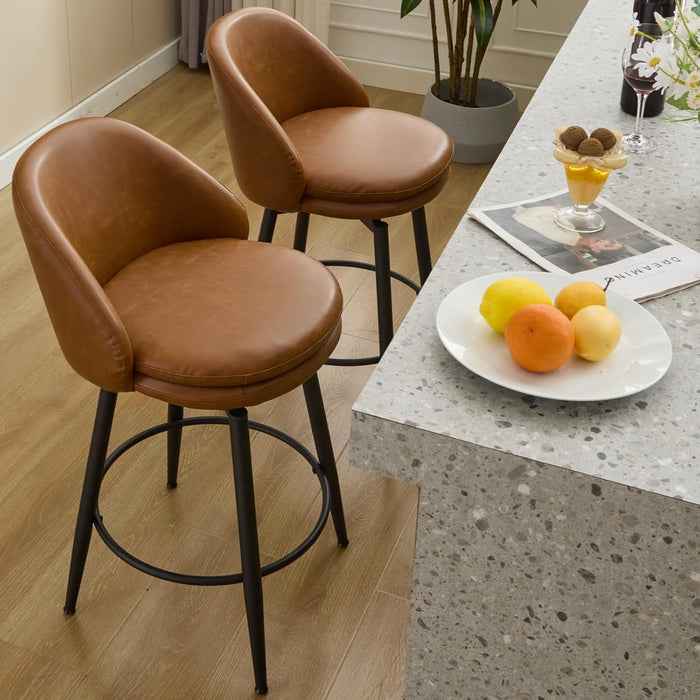 Counter Height Bar Stools Set of 2, 26 Inch Swivel Barstools with Back and Metal Legs for Kitchen Counter, Modern Upholstered Stools Island Chairs, Brown PU Leather