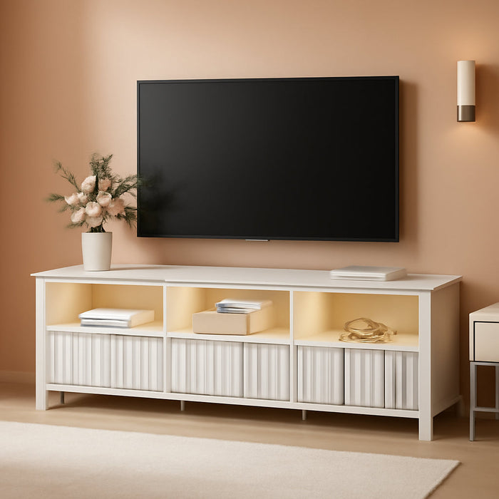 White TV Stand with Storage, Modern Console Table for 65+ Inch Tvs, LED Light Entertainment Center for Living Room, Bedroom, 70 Inch