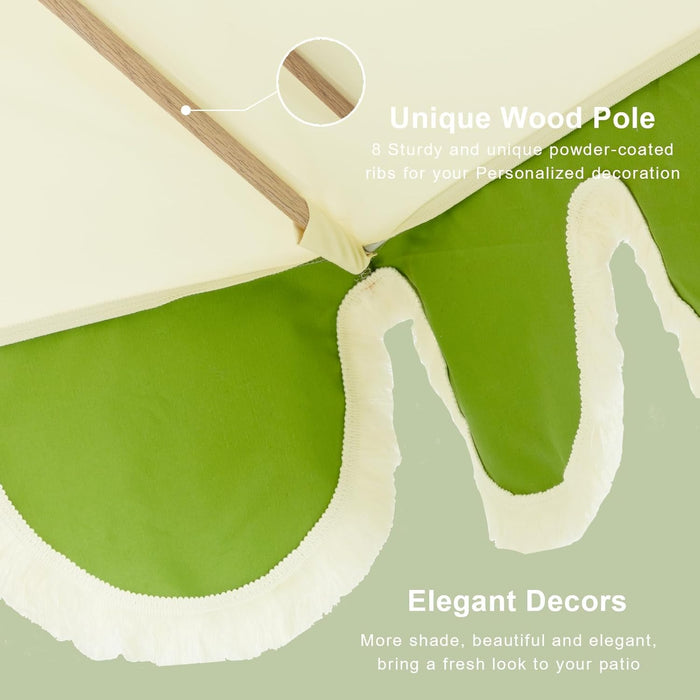 9Ft Scalloped Patio Umbrellas with Fringe, Market Umbrellas with Water-Resistant and Fade Resistant Canopy, 1.5" Wood Pole & Button Tilt,Green Beige Spliced
