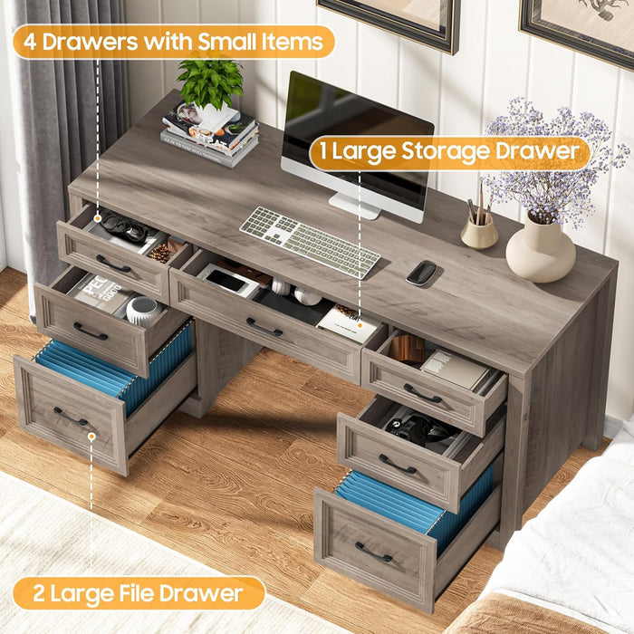 Farmhouse Executive Desk with File Drawer, Home Office Desk with Ample Storage, Rustic Office Desk with Spacious Tabletop for Work, Grey