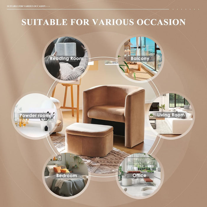 Upholstered Velvet Barrel Accent Chair with Storage Ottoman, Morden Living Room Chair with Lounge Seat for Bedroom/Reading Spaces, Khaki