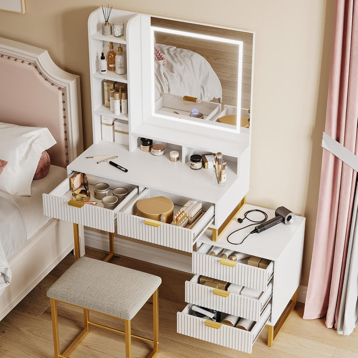 Makeup Vanity Desk with Mirror and Lights, Vanity Table with 5 Drawers, Vanity Set with Stool and Removable Side Storage Cabinet for Bedroom, White & Gold