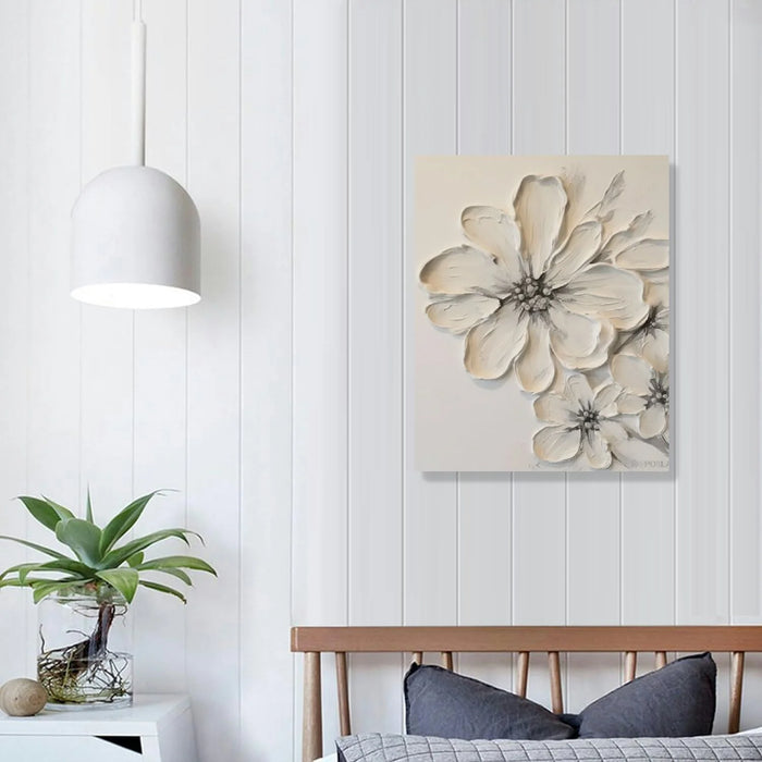 White Flower Texture Painting White Flower Abstract Wall Art Flower Canvas Painting White Textured Flower Picture Black and White Texture Artwork Modern Floral Wall Art Decor