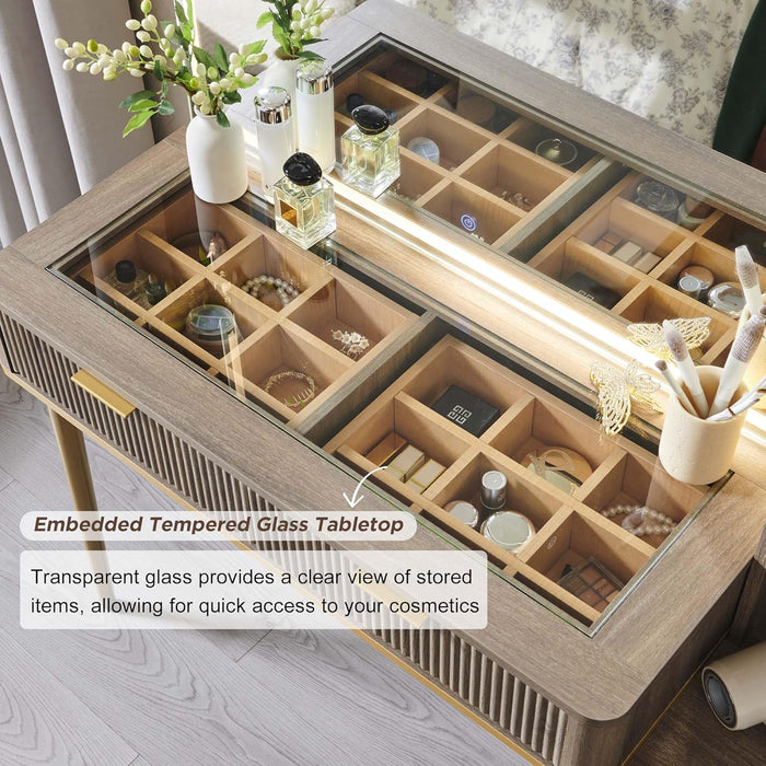 Fluted Makeup Vanity Desk with 36" HD Lighted Mirror, 48" Big Modern Vanity Desk with Mirror and Lights, Dressing Table with 5 Drawers & Shelves, Glass Top for Bedroom (Alder Grey)