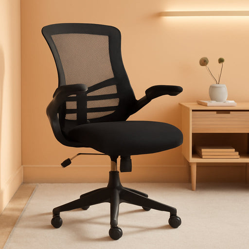 Kelista Mid-Back Swivel Office Chair with Adjustable Seat Height, Ergonomic Mesh Desk Chair with Flip-Up Armrests, Black