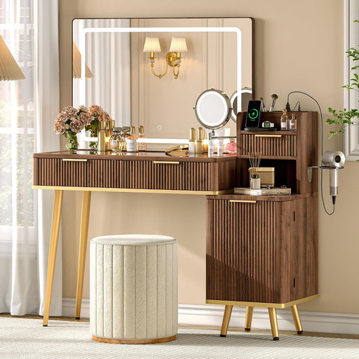 47" Vanity Desk with 5X Magnifying Mirror & 3-Color LED Light, Fluted Glass Top Makeup Table, USB Charging & Hair Dryer Holder, Dressing Table with Adjustable Shelves for Bedroom, Dark Walnut