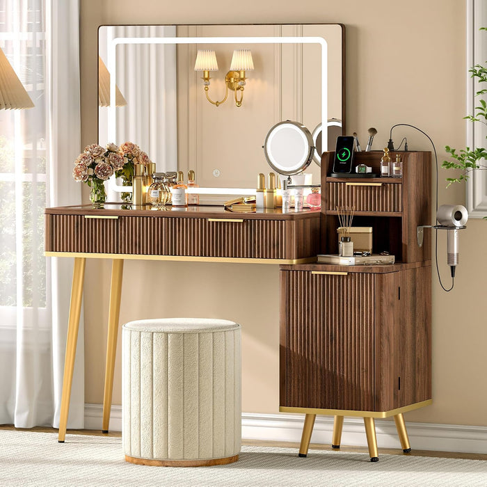 47" Vanity Desk with 5X Magnifying Mirror & 3-Color LED Light, Fluted Glass Top Makeup Table, USB Charging & Hair Dryer Holder, Dressing Table with Adjustable Shelves for Bedroom, Dark Walnut